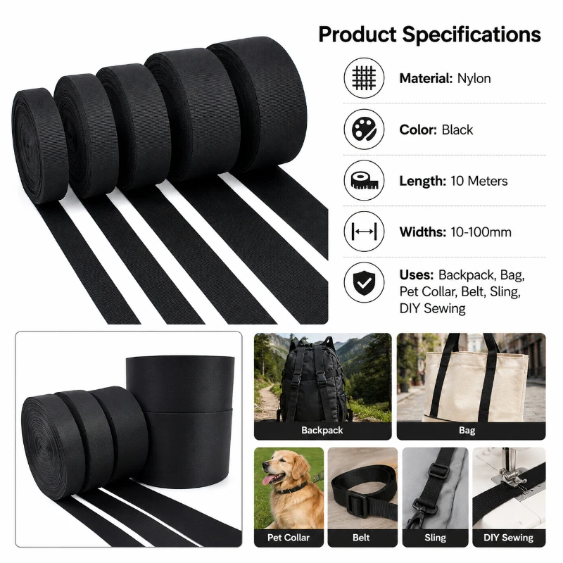 10Meters 10-100mm Black Nylon Webbing Strap Tape for Backpack Bag Pet Collar Belt Sling Ribbon Band Bias Binding Sewing DIY Kits
10Meters 10-100mm Black Nylon Webbing Strap Tape for Backpack Bag Pet Collar Belt Sling Ribbon Band Bias Binding Sewing DIY Kits