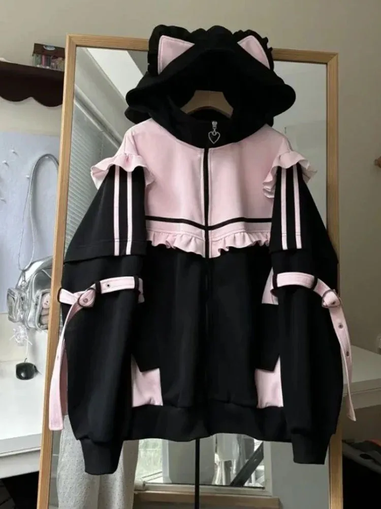 Japanese Kawaii Contrast Color Hoodies Coat Women Ruffled Patchwork Loose Sweatshirt Harajuku Zipper Y2k Aesthetic Casual Hoody
Japanese Kawaii Contrast Color Hoodies Coat Women Ruffled Patchwork Loose Sweatshirt Harajuku Zipper Y2k Aesthetic Casual Hoody