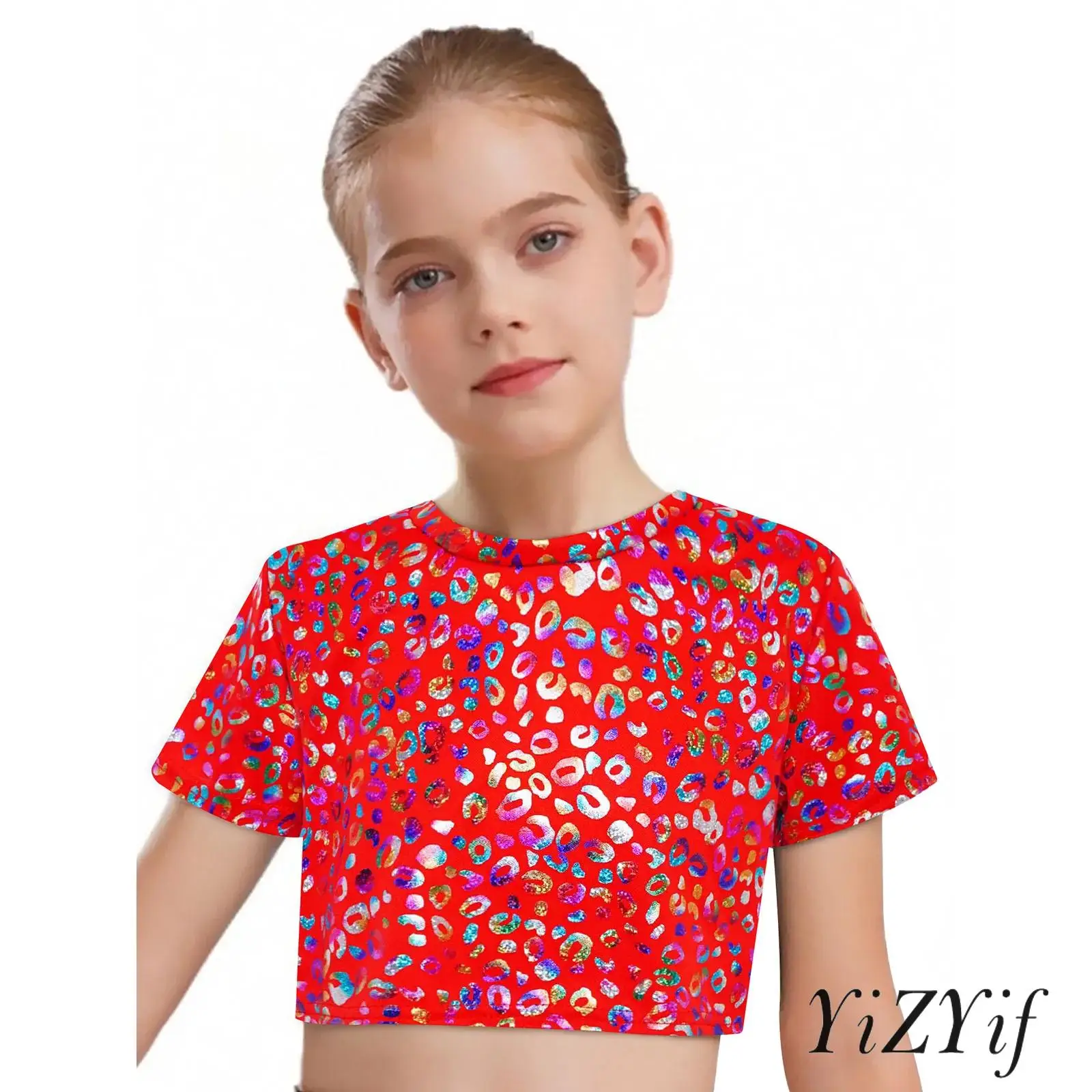 Girls Metallic Leopard Print T-shirt Kids Short Sleeve Crop Tops Cheerleading Street Dance Choir Stage Performance Clothing
Girls Metallic Leopard Print T-shirt Kids Short Sleeve Crop Tops Cheerleading Street Dance Choir Stage Performance Clothing