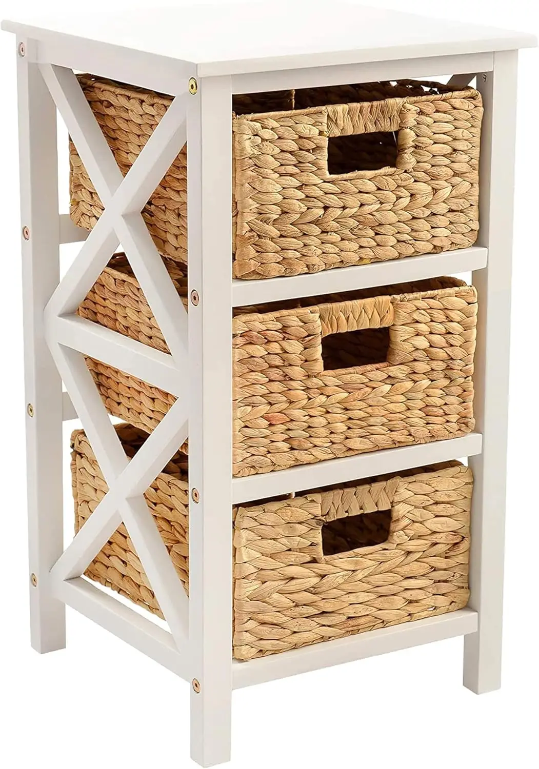 3 Tier X-Side End Table with 3 Wicker Baskets for Bedside, Living Room, White
3 Tier X-Side End Table with 3 Wicker Baskets for Bedside, Living Room, White