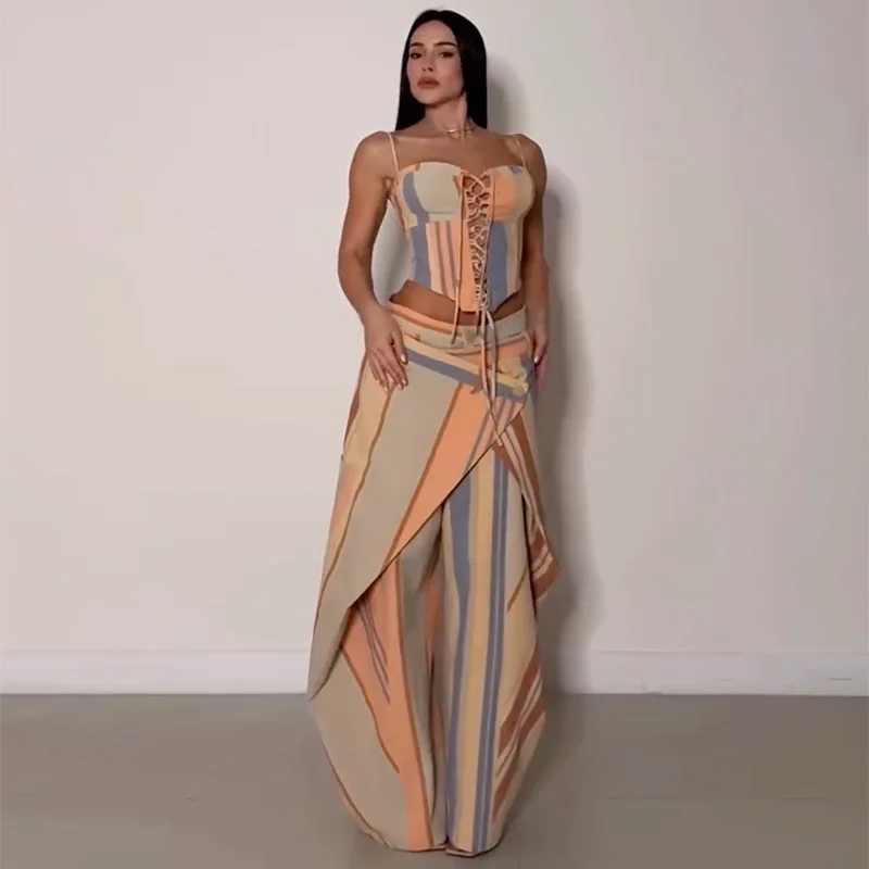 Sexy Print Vest Pants Women's Set Beach Patchwork Slash Neck Lace Up Top Pleated Trousers 2026 Summer Holidays Lady Outfit New
Sexy Print Vest Pants Women's Set Beach Patchwork Slash Neck Lace Up Top Pleated Trousers 2026 Summer Holidays Lady Outfit New