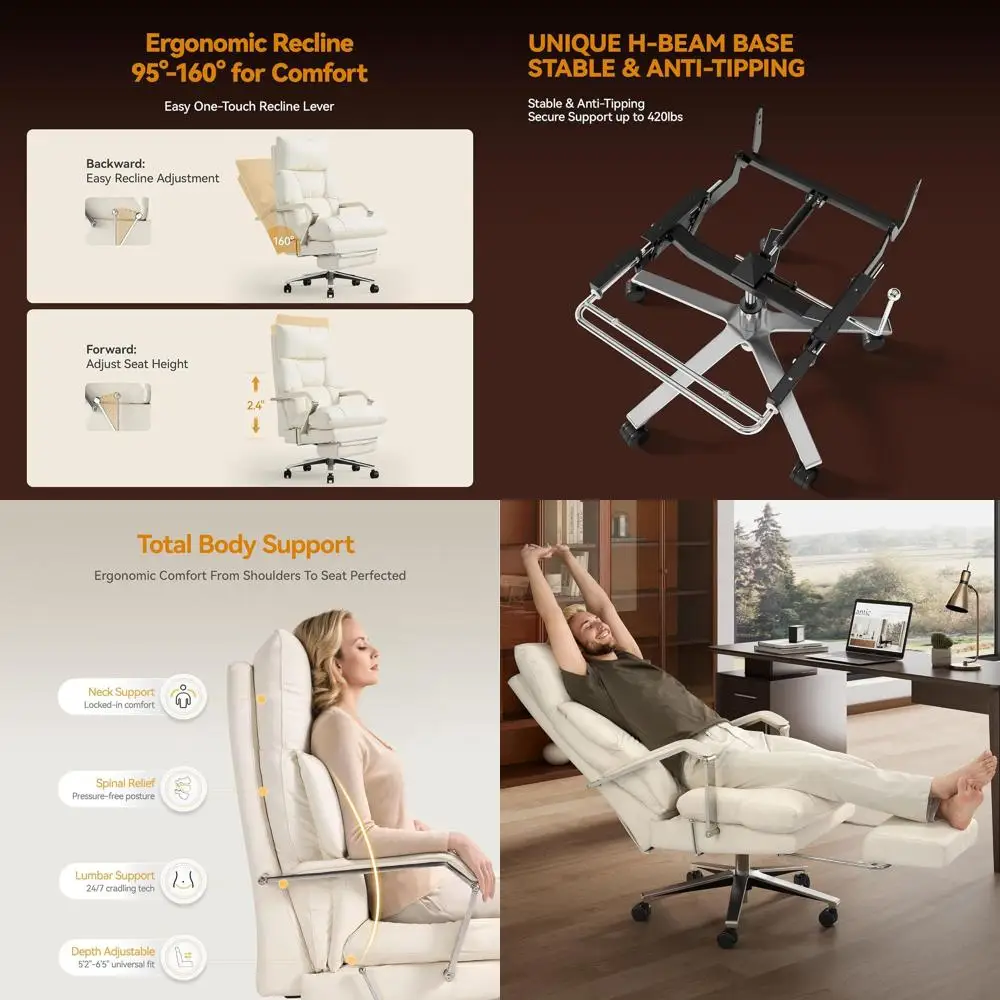 Ergonomic Reclining Office Chair with Footrest, 10 Thick Cushion, Wide-Legged, Adjustable Seat Depth, Cream
Ergonomic Reclining Office Chair with Footrest, 10 Thick Cushion, Wide-Legged, Adjustable Seat Depth, Cream