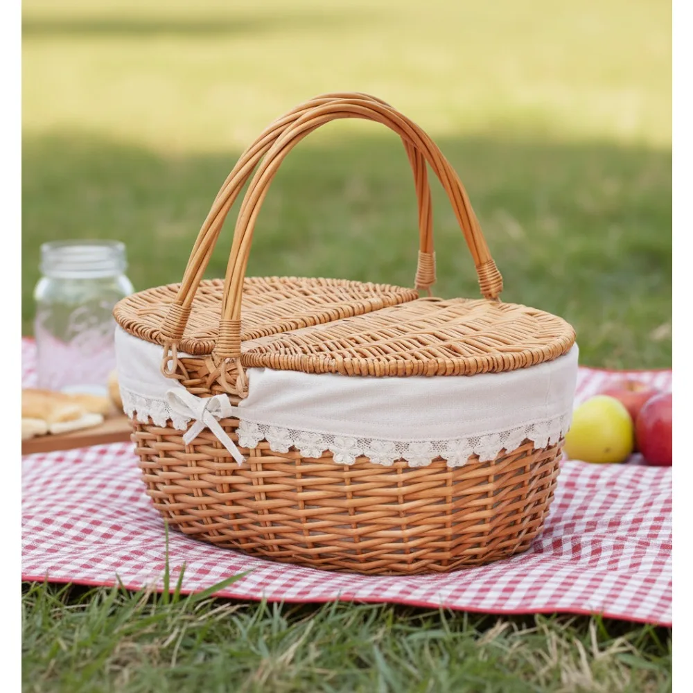 Vintage Wicker Picnic Basket with Removable Liner, Foldable Handle for Outdoor Camping Family Gatherings
Vintage Wicker Picnic Basket with Removable Liner, Foldable Handle for Outdoor Camping Family Gatherings
