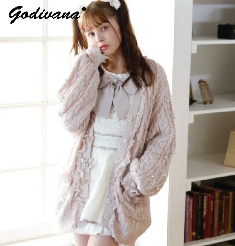 Japanese Style Autumn and Winter Sweet V-neck Single-Breasted Cardigan Sweater Coat Bow Design Long Knitted Jacket for Women
Japanese Style Autumn and Winter Sweet V-neck Single-Breasted Cardigan Sweater Coat Bow Design Long Knitted Jacket for Women