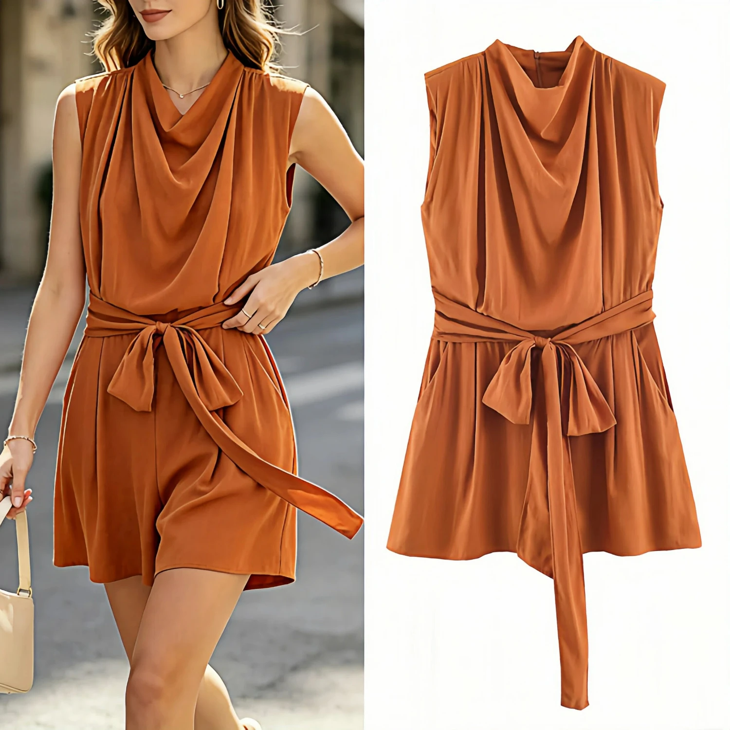 Stylish Elegant 2026 Summer New Arrival Women Solid Sleeveless Cowl Neck Tie Waist Flowy Short Romper Casual Fashion Romper
Stylish Elegant 2026 Summer New Arrival Women Solid Sleeveless Cowl Neck Tie Waist Flowy Short Romper Casual Fashion Romper