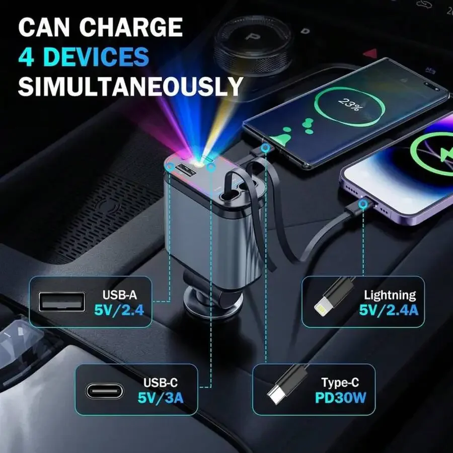 4-Port 66W Car Charger With Retractable Cable, Starlight Projection, USB-A×2 + USB-C PD30W For iPhone 16 & Android
4-Port 66W Car Charger With Retractable Cable, Starlight Projection, USB-A×2 + USB-C PD30W For iPhone 16 & Android