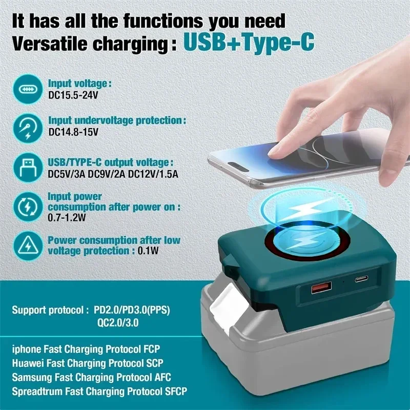 Wireless Charger Charging Station Type-C USB Power Bank Adapter for Makita for Dewalt for Milwaukee for Bosch 18V Li-ion Battery
Wireless Charger Charging Station Type-C USB Power Bank Adapter for Makita for Dewalt for Milwaukee for Bosch 18V Li-ion Battery