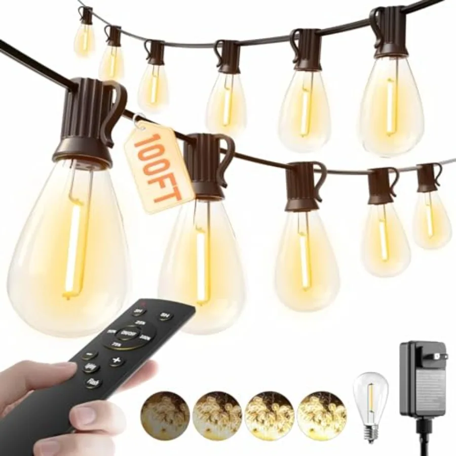 100Feet LED Outdoor String Lights with Remote 35+ 1 Shatterproof Bulbs Waterproof and Dimmable Patio Lights for Porch Garden Ba
100Feet LED Outdoor String Lights with Remote 35+ 1 Shatterproof Bulbs Waterproof and Dimmable Patio Lights for Porch Garden Ba