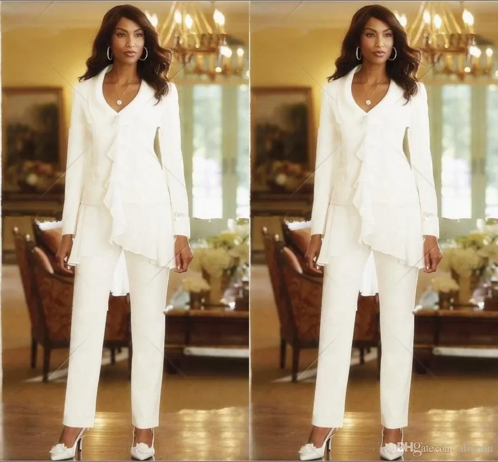 two pieces white ivory sheath elegant mothers pants suits custom made ruffles chiffon mother of the bride gowns long sleeves
two pieces white ivory sheath elegant mothers pants suits custom made ruffles chiffon mother of the bride gowns long sleeves