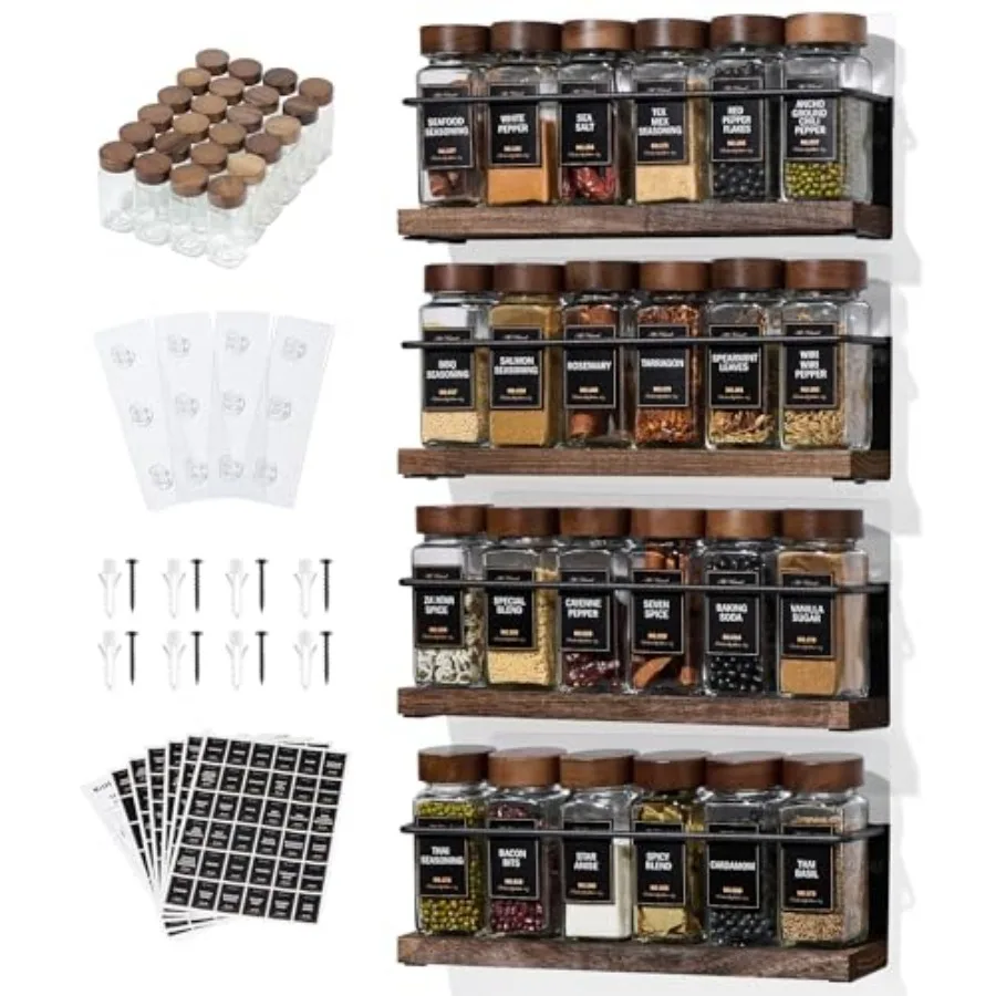 4-Tier 11.6 Inch Black Metal and Wood Wall Mount Spice Rack, Hanging Seasoning Shelf with 24 Glass Jars, 216 Labels and Funnel,
4-Tier 11.6 Inch Black Metal and Wood Wall Mount Spice Rack, Hanging Seasoning Shelf with 24 Glass Jars, 216 Labels and Funnel,
