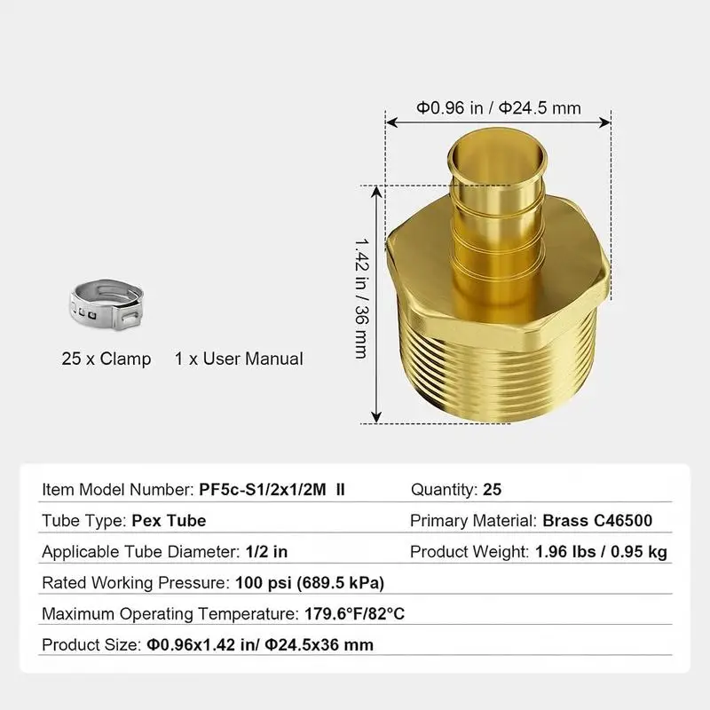 Brass Connectors 1/2 Inch 25PCS For Plumbing Repair, Shower Installation, Water Pipe Connection, Clamp-style NPT Male Thread
Brass Connectors 1/2 Inch 25PCS For Plumbing Repair, Shower Installation, Water Pipe Connection, Clamp-style NPT Male Thread