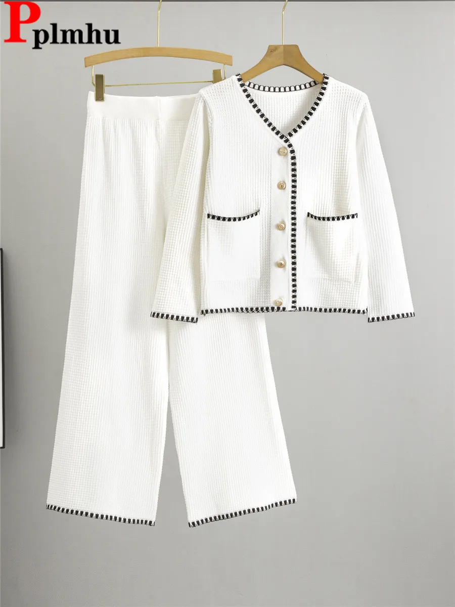 Korean Fashion Knit 2 Piece Sets Women V-neck Knitwears Short Sweater Cardigan Tops Conjuntos High Waist Wide Leg Pants Outfit
Korean Fashion Knit 2 Piece Sets Women V-neck Knitwears Short Sweater Cardigan Tops Conjuntos High Waist Wide Leg Pants Outfit