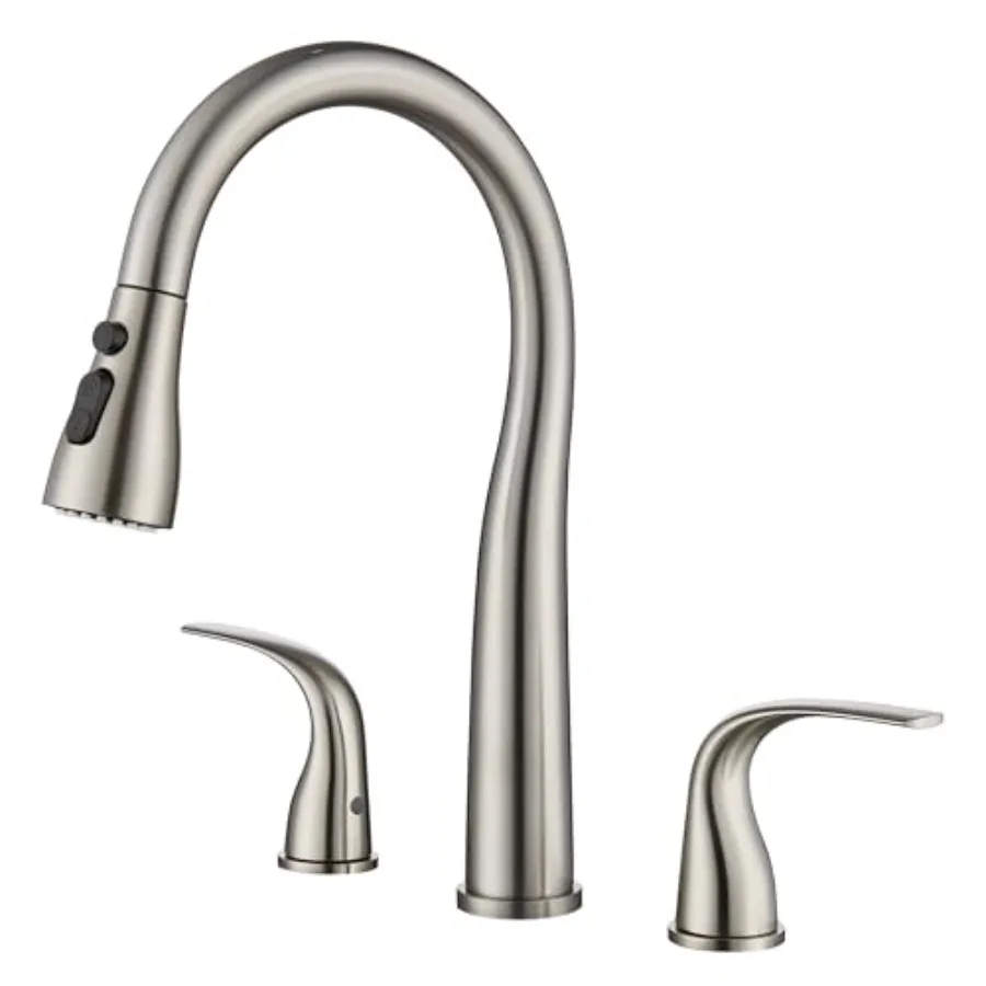 3 Hole Kitchen Faucet with Pull Down Sprayer Double Handle High Arc Faucet for Kitchen Sink with 3 Mode Spray Stainless Steel T
3 Hole Kitchen Faucet with Pull Down Sprayer Double Handle High Arc Faucet for Kitchen Sink with 3 Mode Spray Stainless Steel T