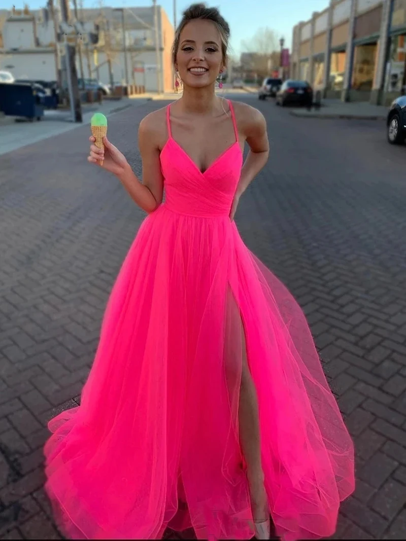 Hot Pink A Line Prom Dresses Long Spaghetti Straps V Neck Evening Gown Sexy Slit Tulle Graduation Party Dresses 2023
Hot Pink A Line Prom Dresses Long Spaghetti Straps V Neck Evening Gown Sexy Slit Tulle Graduation Party Dresses 2023