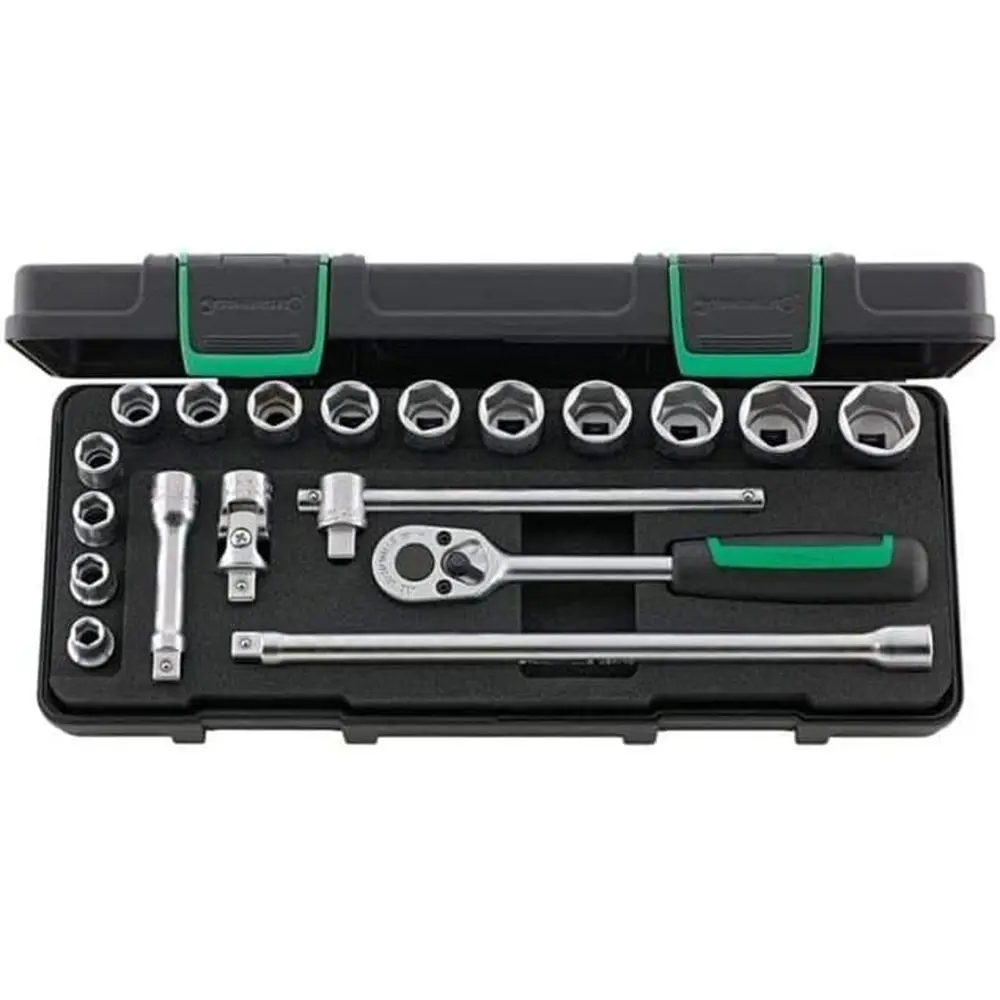 3/8 Drive Hex Socket Set, 8-22mm, Ratchet, Extensions, Universal Joint, Durable ABS Case, 1758g, German Engineering
3/8 Drive Hex Socket Set, 8-22mm, Ratchet, Extensions, Universal Joint, Durable ABS Case, 1758g, German Engineering