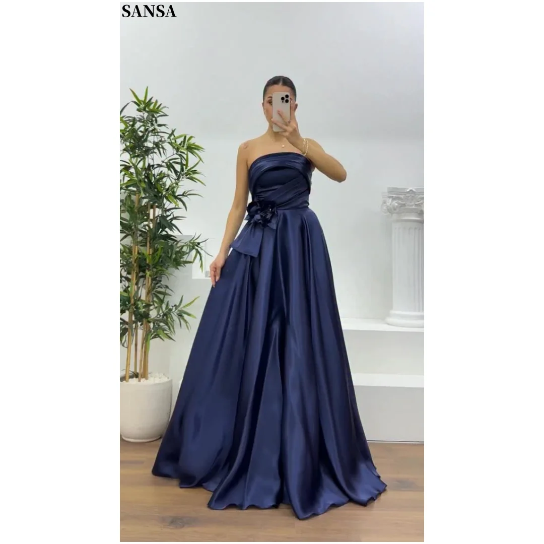 Sansa Customized 2026 Luxury Dark Blue Strapless Satin Formal Dress A-Line Floor Length with Floral Waist Wedding Guest Attire
Sansa Customized 2026 Luxury Dark Blue Strapless Satin Formal Dress A-Line Floor Length with Floral Waist Wedding Guest Attire