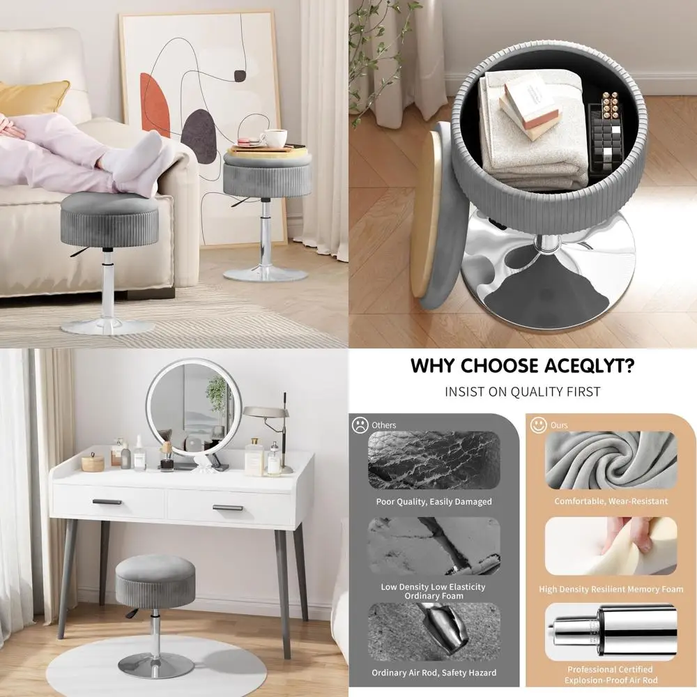 Height-Adjustable Gray Velvet Swivel Vanity Stool with Storage and Metal Base
Height-Adjustable Gray Velvet Swivel Vanity Stool with Storage and Metal Base