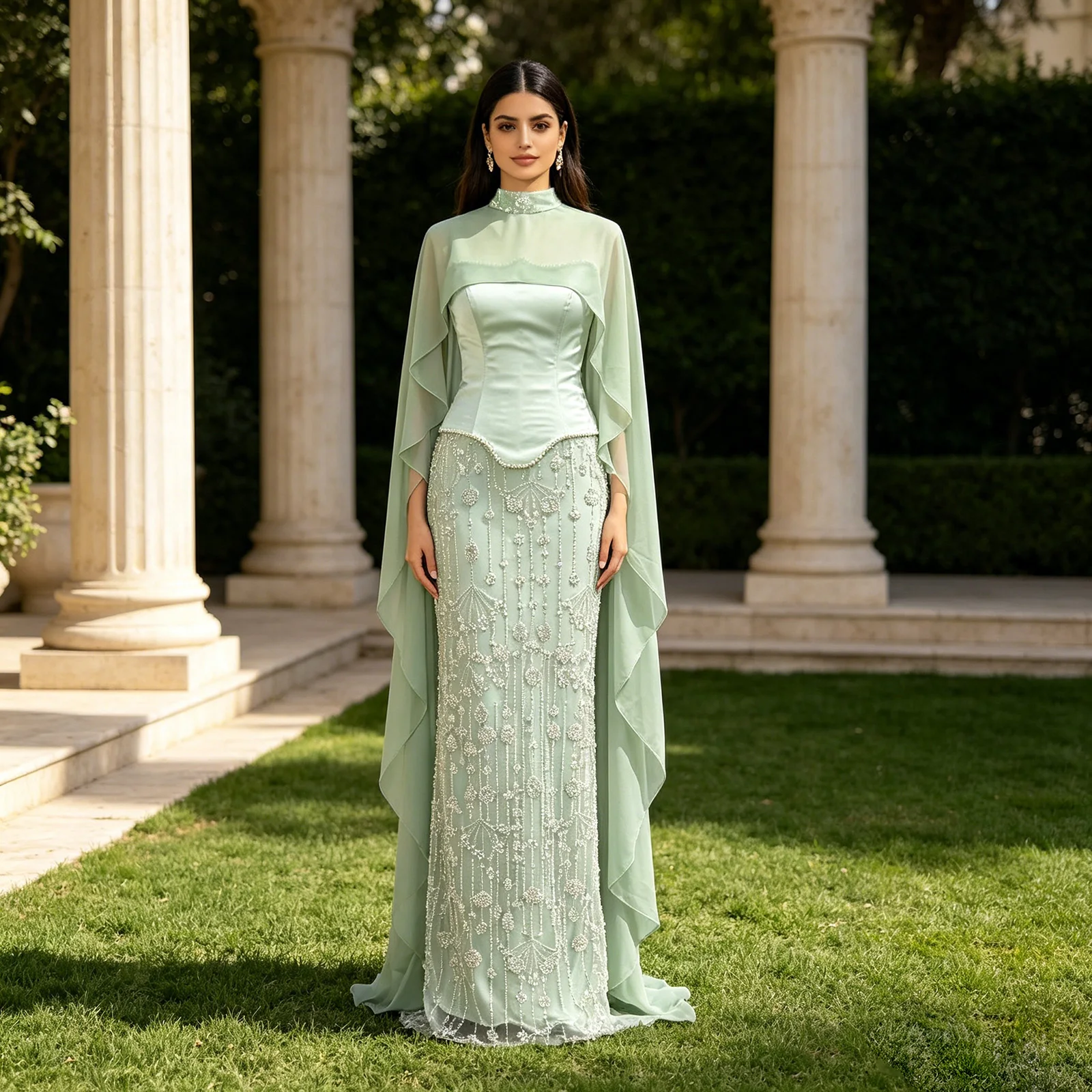 Eshaut&bridal Luxury Beaded Evening Dress with Cape Sleeve Dubai Arabic Long Formal Party Gown Robe De Soiree Customized 2026
Eshaut&bridal Luxury Beaded Evening Dress with Cape Sleeve Dubai Arabic Long Formal Party Gown Robe De Soiree Customized 2026