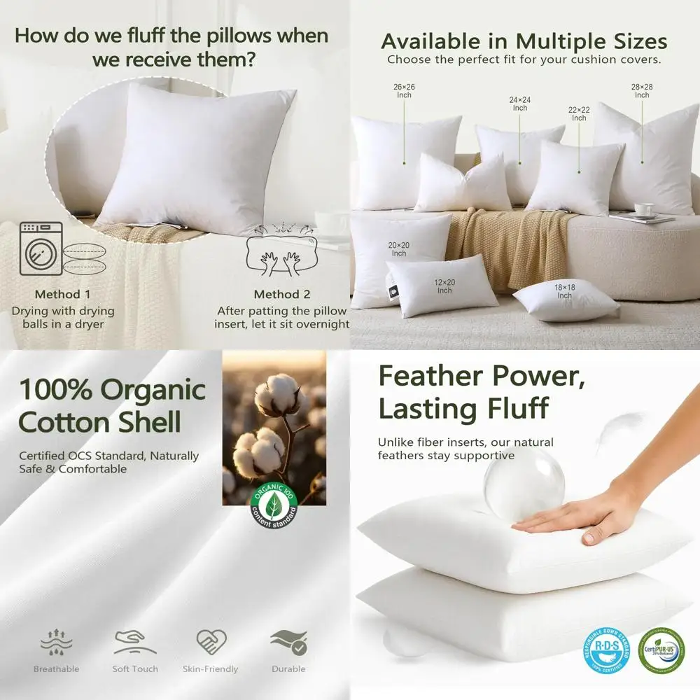 Pair of 26x26 Organic Cotton Feather Pillow Inserts, White Decorative Throws for Bed, Sofa, and Couch
Pair of 26x26 Organic Cotton Feather Pillow Inserts, White Decorative Throws for Bed, Sofa, and Couch