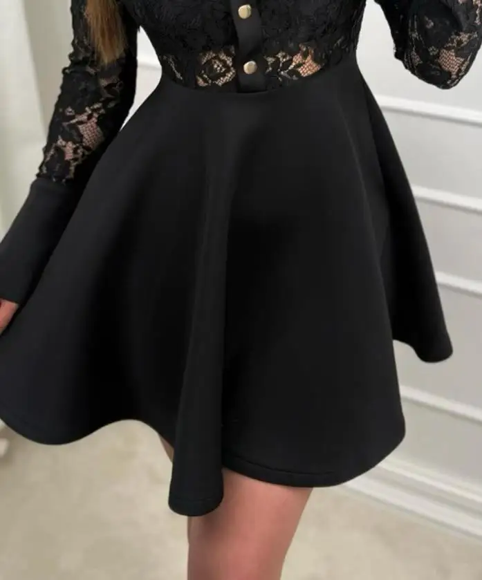 Women's Sexy Dresses Turn-Down Collar Button Front Lace Patchwork Mini Dress Woman Casual Flap Detail Cinched Waist A Line Dress 
Women's Sexy Dresses Turn-Down Collar Button Front Lace Patchwork Mini Dress Woman Casual Flap Detail Cinched Waist A Line Dress