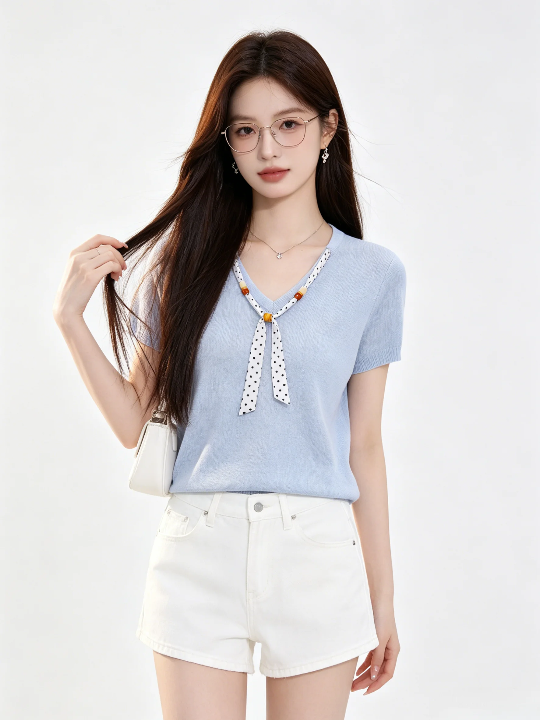 Blue Breathable V-Neck Short Sleeve Knitted T-Shirt Korean Style Summer Polka Dot Drawstring Casual Comfortable Pure Color Top
Blue Breathable V-Neck Short Sleeve Knitted T-Shirt Korean Style Summer Polka Dot Drawstring Casual Comfortable Pure Color Top
