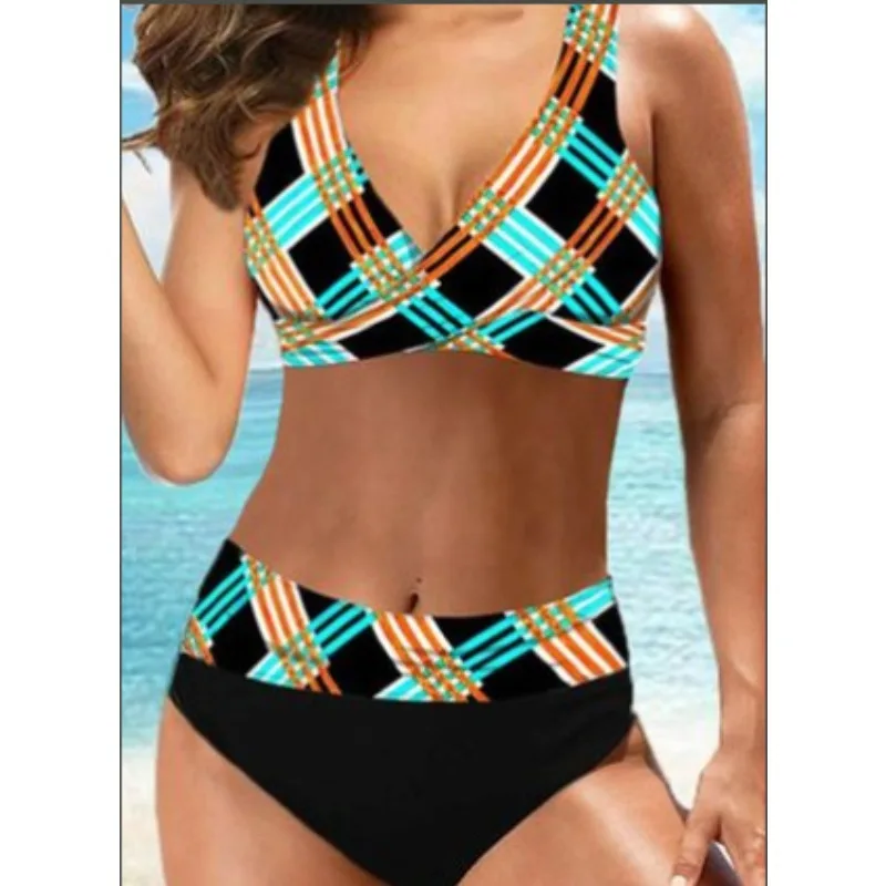 Two-piece Large Size High Waist Plaid Cross Bikini Swimsuit Deep V Sexy High Elastic Tight Women's Swimsuit with Chest Pad
Two-piece Large Size High Waist Plaid Cross Bikini Swimsuit Deep V Sexy High Elastic Tight Women's Swimsuit with Chest Pad