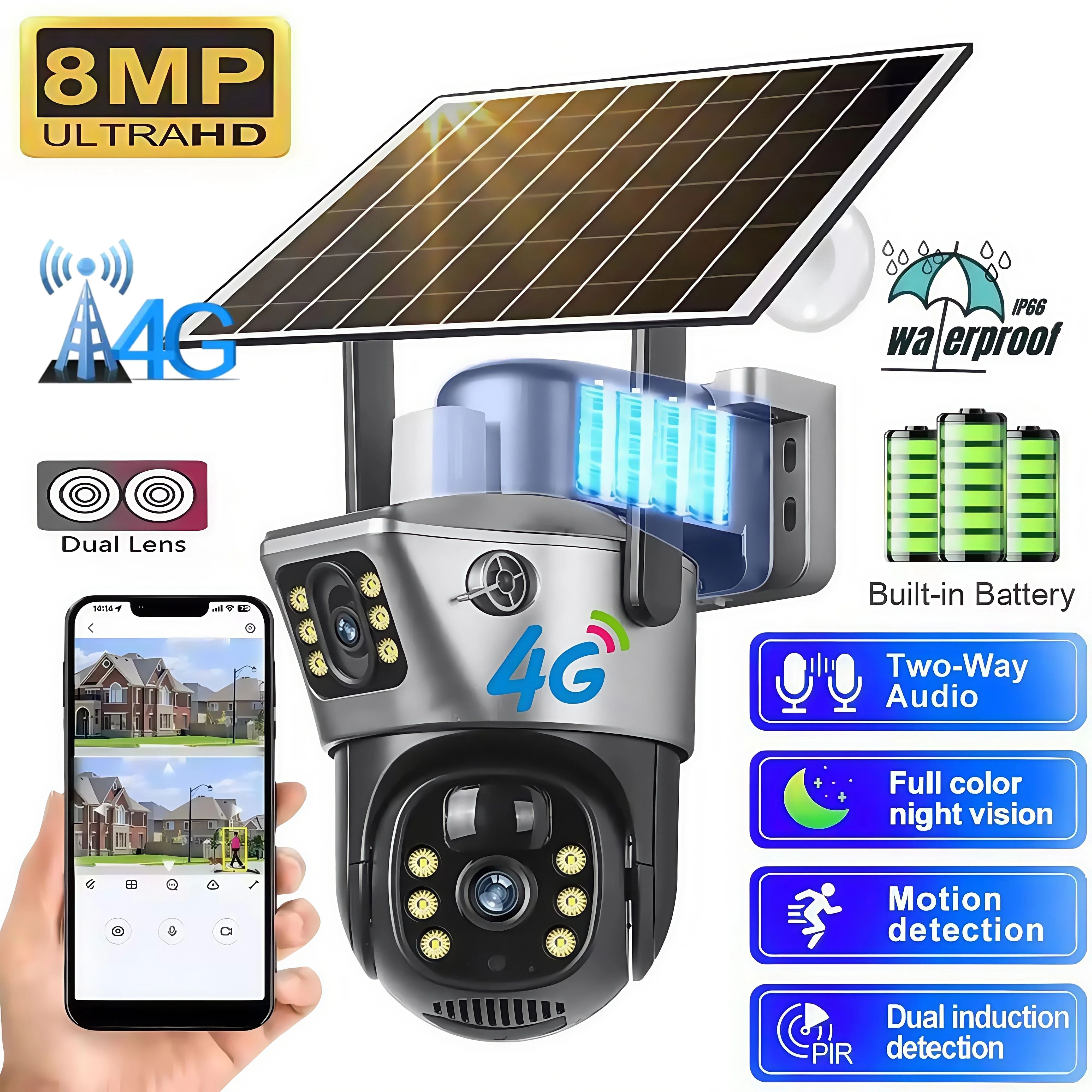 Dual Lens Dual Screen Solar Camera 8MP HD Outdoor Surveillance Cameras security system Color Night Vision CCTV V380 Pro IP CAM
Dual Lens Dual Screen Solar Camera 8MP HD Outdoor Surveillance Cameras security system Color Night Vision CCTV V380 Pro IP CAM