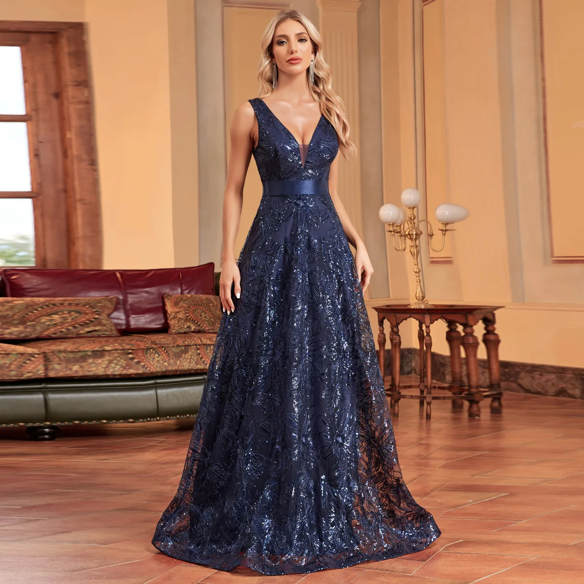 Deep V Wide Strap Sleeveless Floral Glitter Sequin A Line Dress Navy With Satin Waistband Floor Train Gala Mother of Bride Gown
Deep V Wide Strap Sleeveless Floral Glitter Sequin A Line Dress Navy With Satin Waistband Floor Train Gala Mother of Bride Gown