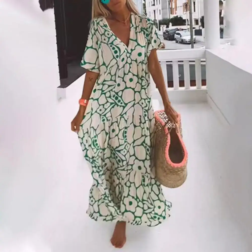 Loose Fit Holiday Dress Floral Print Maxi Dress Stylish V-neck Ruffle Stitching Hem Loose Fit for Spring Autumn Streetwear Women
Loose Fit Holiday Dress Floral Print Maxi Dress Stylish V-neck Ruffle Stitching Hem Loose Fit for Spring Autumn Streetwear Women