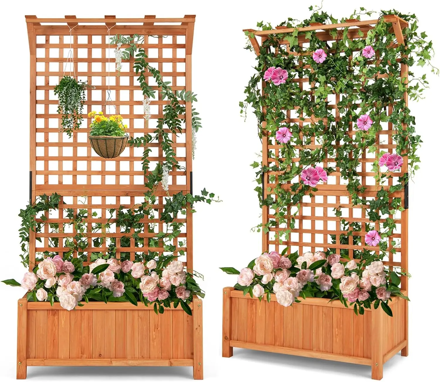 Wooden Planter Box With Trellis, 72.5” Freestanding Garden Planter W/Hanging Roof, 4 Drainage Holes & Lattice Panel, Raised
Wooden Planter Box With Trellis, 72.5” Freestanding Garden Planter W/Hanging Roof, 4 Drainage Holes & Lattice Panel, Raised