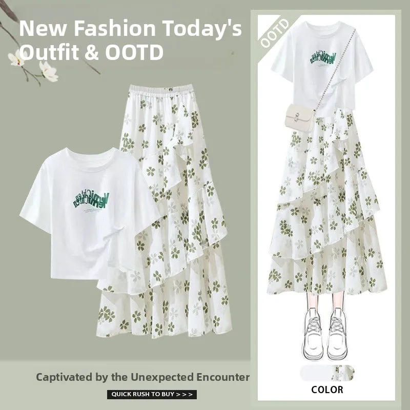 Summer Style Loose Casual Top And Slimming Floral Skirt Two-Piece Set Women's Fashion Polyester Fiber T-Shirt Buttoned
Summer Style Loose Casual Top And Slimming Floral Skirt Two-Piece Set Women's Fashion Polyester Fiber T-Shirt Buttoned