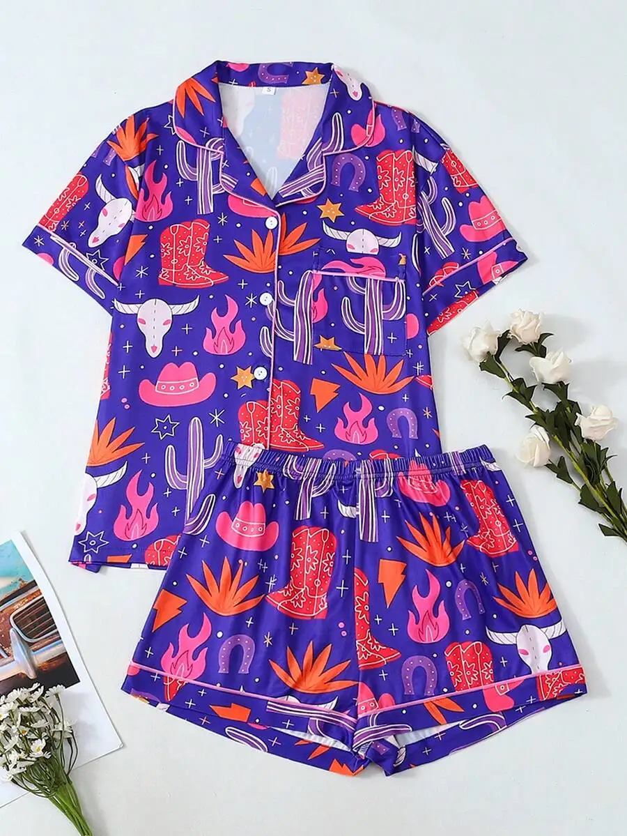 Womens Western Print Short Sleeve Pajama Set With Elastic Waist Shorts
Womens Western Print Short Sleeve Pajama Set With Elastic Waist Shorts