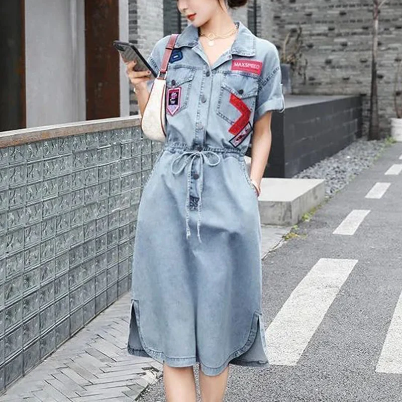 Summer New Polo-neck Vintage Patchwork Denim Dress Ladies Slim Casual Waist Lace Up Robe Femme Korean Fashion Vestidos De Fiesta
Summer New Polo-neck Vintage Patchwork Denim Dress Ladies Slim Casual Waist Lace Up Robe Femme Korean Fashion Vestidos De Fiesta