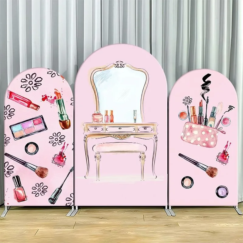 Single Side Arch Backdrop Cover Elegant Pink Beauty Theme Party Backdrop Featuring Vintage Dressing Table Mirror Makeup Tools
Single Side Arch Backdrop Cover Elegant Pink Beauty Theme Party Backdrop Featuring Vintage Dressing Table Mirror Makeup Tools