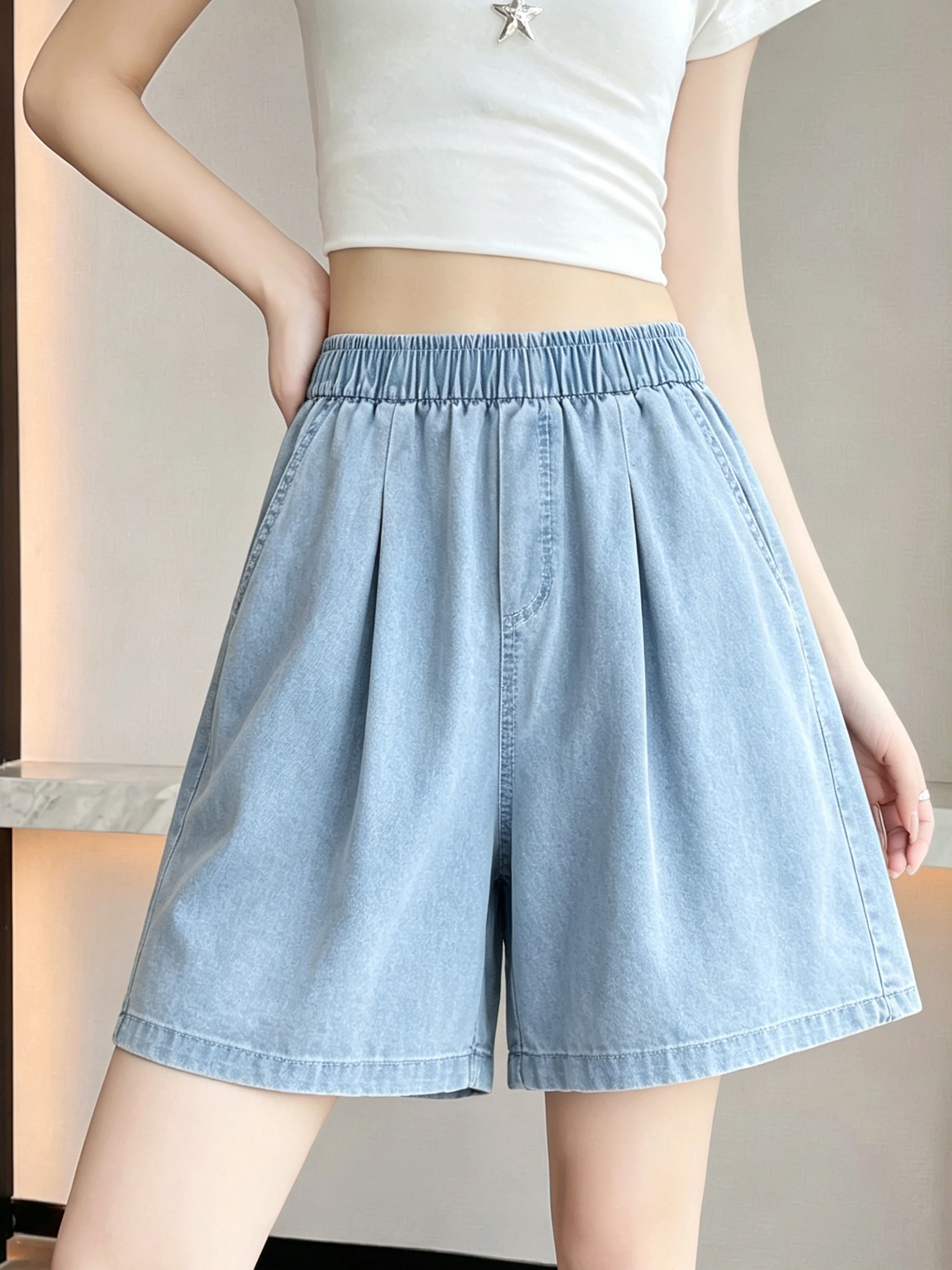 Light Blue Silk Denim Five-Point Pants Women Summer Small Size Elastic Waist Loose Wide Leg Thin A-Word Shorts Casual Style
Light Blue Silk Denim Five-Point Pants Women Summer Small Size Elastic Waist Loose Wide Leg Thin A-Word Shorts Casual Style