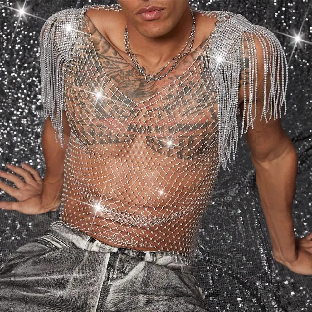 Sexy Me Nightclub See-tough Diamond Insert Men's T-irt European Sle ort Length Vest Top for Men Faionable Trend 
Sexy Me Nightclub See-tough Diamond Insert Men's T-irt European Sle ort Length Vest Top for Men Faionable Trend