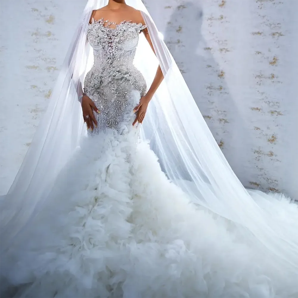 Luxury Off Shoulder Beading Sleeveless Tulle Mermaid Bride Wedding Dresses Bridal Gowns Customized
Luxury Off Shoulder Beading Sleeveless Tulle Mermaid Bride Wedding Dresses Bridal Gowns Customized