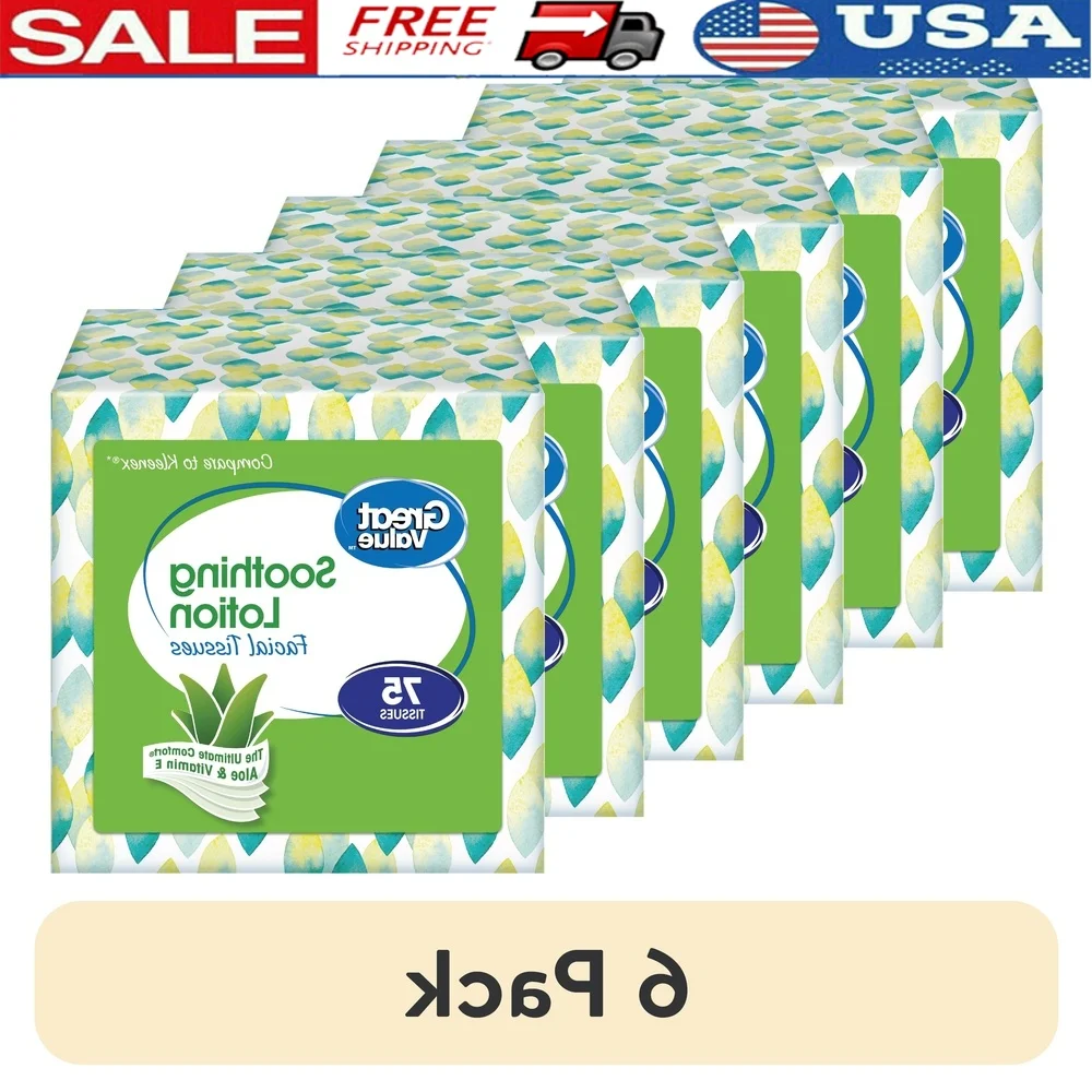 6 Pack Soothing Facial Tissues with Aloe Vitamin E 75 Count 3-Ply Lotion Tissues Comfortable Skin Care
6 Pack Soothing Facial Tissues with Aloe Vitamin E 75 Count 3-Ply Lotion Tissues Comfortable Skin Care