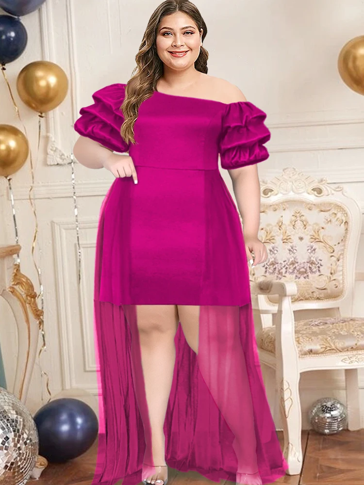 Plus Size Women Mini Party Dresses One Shoulder Puff Sleeves Patchwork Mesh Pleat Elegant Lady Female Evening Spring Robes Gowns
Plus Size Women Mini Party Dresses One Shoulder Puff Sleeves Patchwork Mesh Pleat Elegant Lady Female Evening Spring Robes Gowns