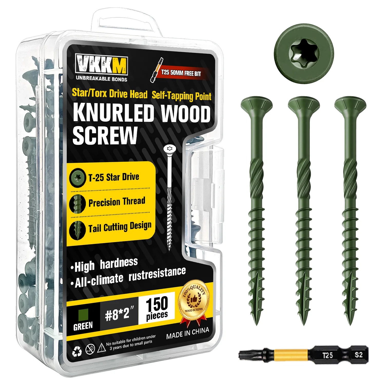 #8*2" Exterior Wood Screws, 150Pcs Green Epoxy Coated Knurled Self-Tapping Carbon Steel Deck Screws, Torx Drive, Bit Included
#8*2" Exterior Wood Screws, 150Pcs Green Epoxy Coated Knurled Self-Tapping Carbon Steel Deck Screws, Torx Drive, Bit Included