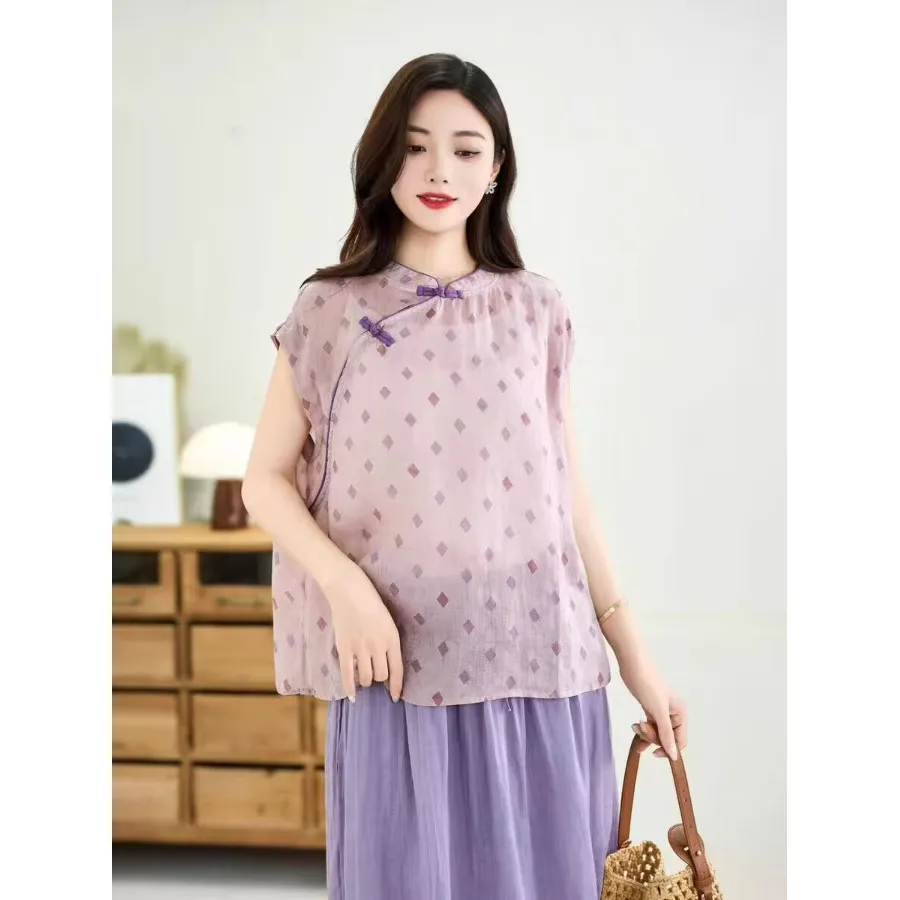 Summer 2026 New Cotton Linen Large Size High End Luxury Women's T-Shirt Stand Collar Buttonless Sleeveless Base Shirt
Summer 2026 New Cotton Linen Large Size High End Luxury Women's T-Shirt Stand Collar Buttonless Sleeveless Base Shirt