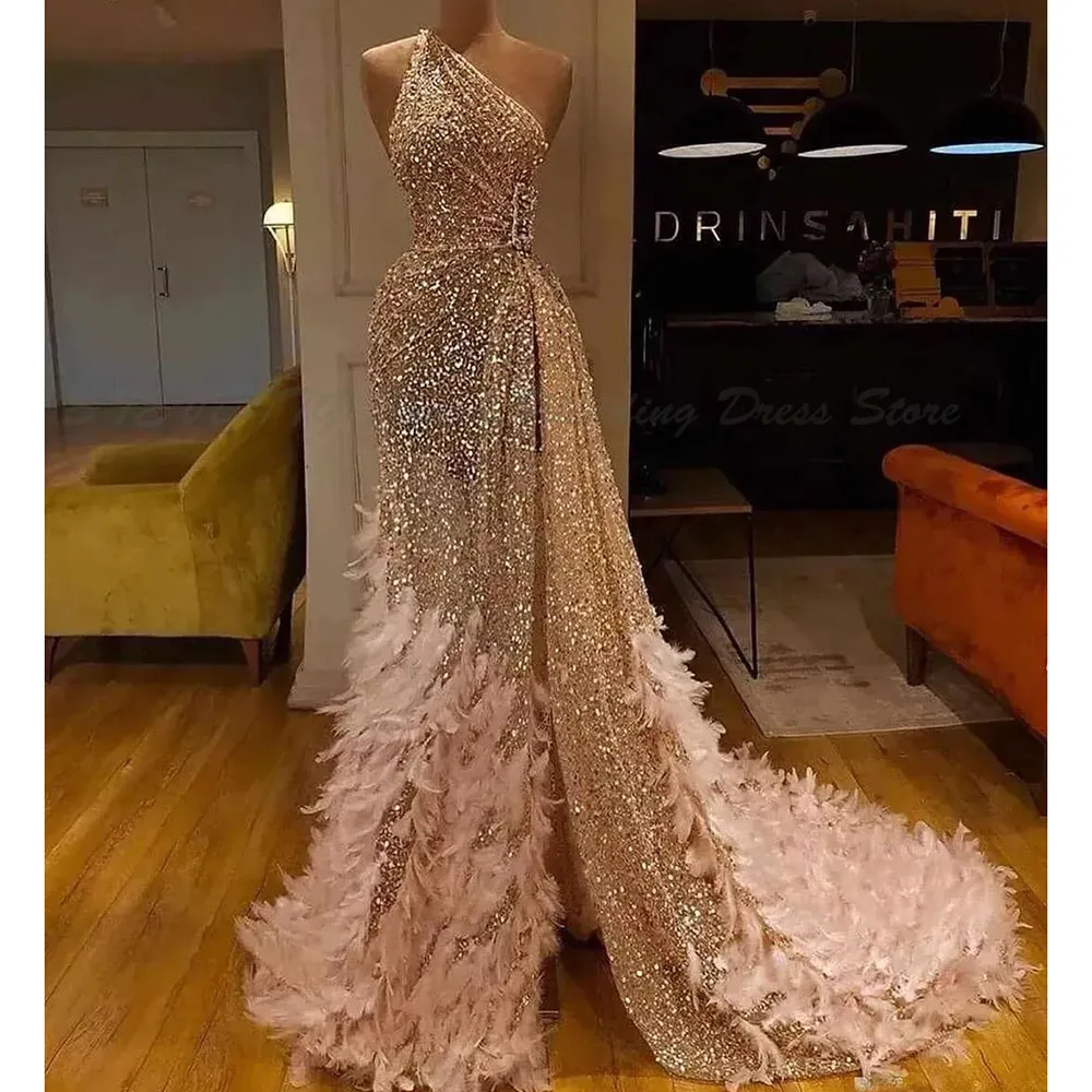 Glitter Mermaid Evening Dresses Champagne Feather Sequins Side Split Lace Formal Party Gowns Custom Made Long Special Occasion
Glitter Mermaid Evening Dresses Champagne Feather Sequins Side Split Lace Formal Party Gowns Custom Made Long Special Occasion