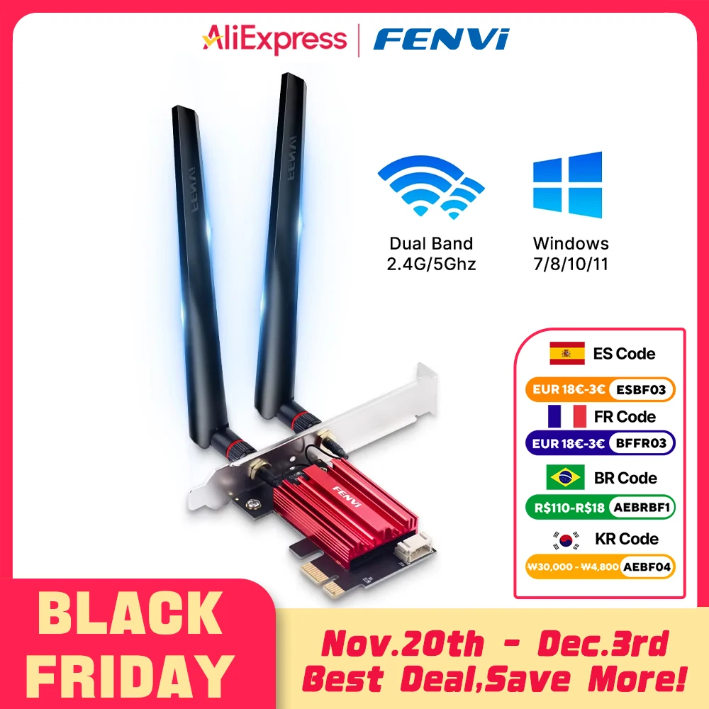 Wi-Fi PCI-E адаптер fenvi 1200 Мбит/с, Bluetooth 4,0, два диапазона, 2,4/5 ГГц, AC1200 сетевая карта для настольного ПК, Win 7/8/10/11
Wi-Fi PCI-E адаптер fenvi 1200 Мбит/с, Bluetooth 4,0, два диапазона, 2,4/5 ГГц, AC1200 сетевая карта для настольного ПК, Win 7/8/10/11
