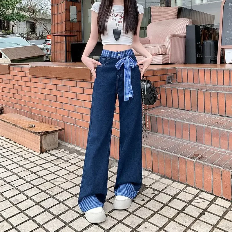 Vintage Plaid Patchwork Bow Jeans Women Spliced Chic Casual Wide Leg Denim Trousers 2025 Straight High Waist Oversized Pants
Vintage Plaid Patchwork Bow Jeans Women Spliced Chic Casual Wide Leg Denim Trousers 2025 Straight High Waist Oversized Pants