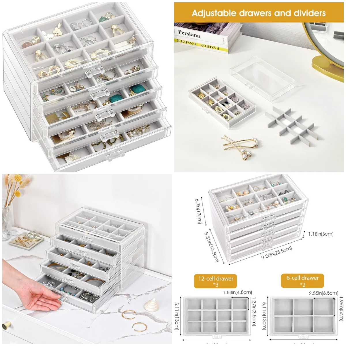 Акриловый держатель для сережек с 5 ящиками, регулируемые бархатные подносы - серый
Акриловый держатель для сережек с 5 ящиками, регулируемые бархатные подносы - серый