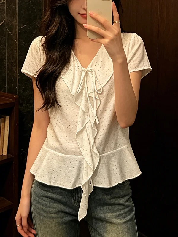 plus Size Women's Shirt Summer 2026 Polka Dot Hemline Unique Slimming Age-Defying Korean Style V-Neck Short Sleeve Top
plus Size Women's Shirt Summer 2026 Polka Dot Hemline Unique Slimming Age-Defying Korean Style V-Neck Short Sleeve Top