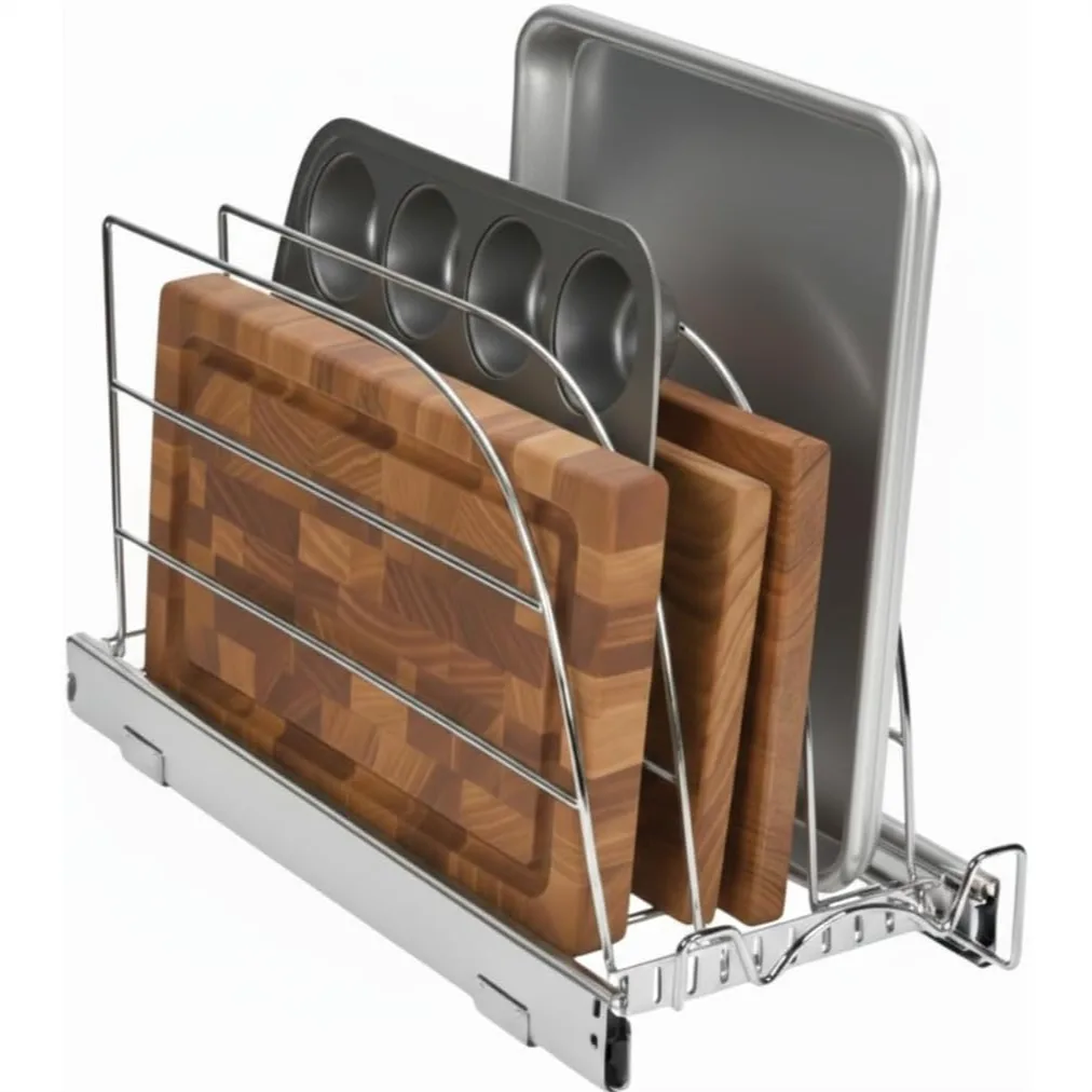 Pull Out Organizer for Bakeware, Adjustable Dividers - Heavy Duty for Narrow Cabinet Spaces, 8.5"W x 21"D x 11"H, Chrome
Pull Out Organizer for Bakeware, Adjustable Dividers - Heavy Duty for Narrow Cabinet Spaces, 8.5"W x 21"D x 11"H, Chrome