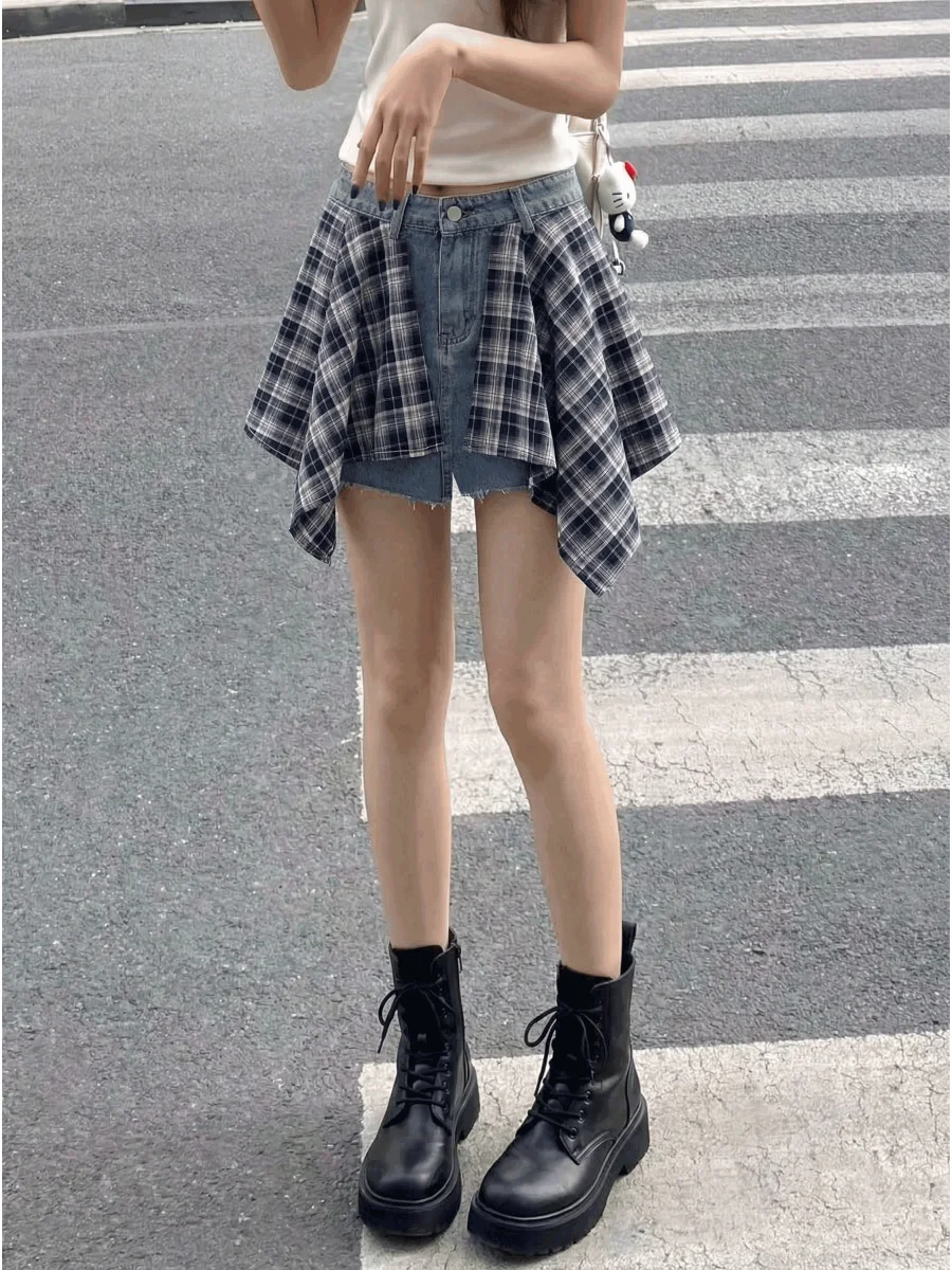 Retro American Plaid Splice Denim Shorts Women's Summer New Fashion Slim Straight Hot Pants High Waist Straight Leg Jeans
Retro American Plaid Splice Denim Shorts Women's Summer New Fashion Slim Straight Hot Pants High Waist Straight Leg Jeans
