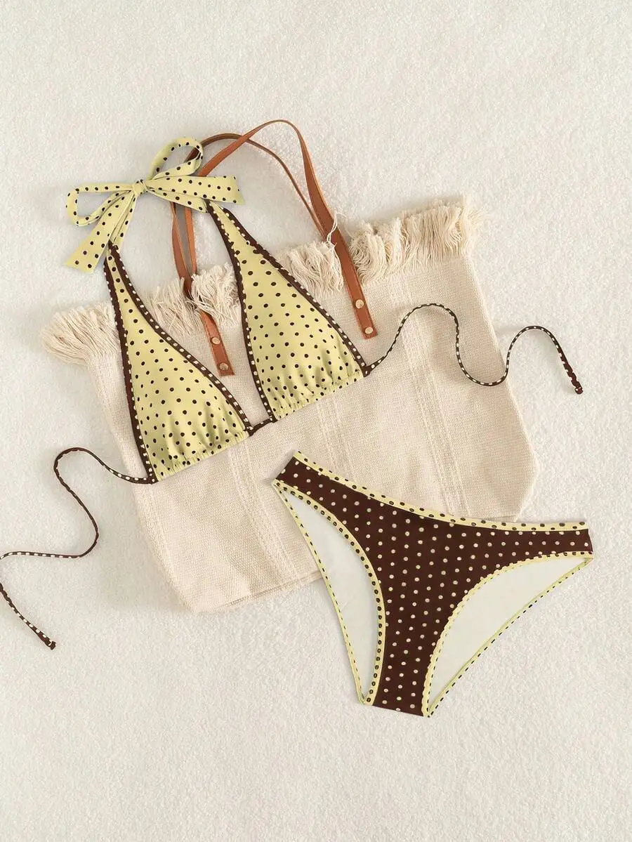 Women Polka Dot Triangle Halter Bikini Set With Contrast Trim High-Cut Bottoms Retro Style
Women Polka Dot Triangle Halter Bikini Set With Contrast Trim High-Cut Bottoms Retro Style