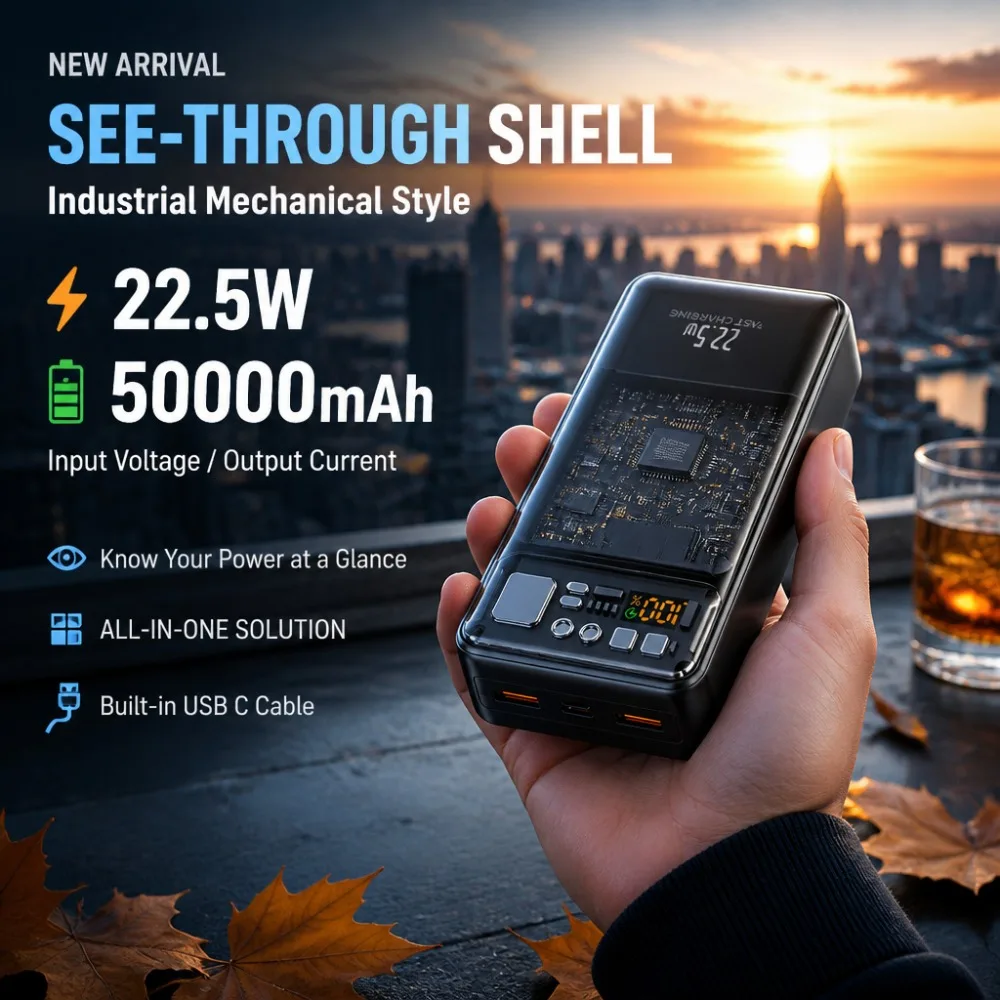 Industrial Style Transparent Power Bank 50000mAh, 22.5W Fast Charging Portable Charger, Huge LCD Display Battery Pack for Travel
Industrial Style Transparent Power Bank 50000mAh, 22.5W Fast Charging Portable Charger, Huge LCD Display Battery Pack for Travel